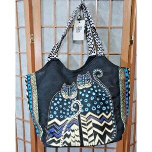 Laurel Burch Polka Dot Gatos Large Scoop Tote Black  Fantasticats Bag NWT